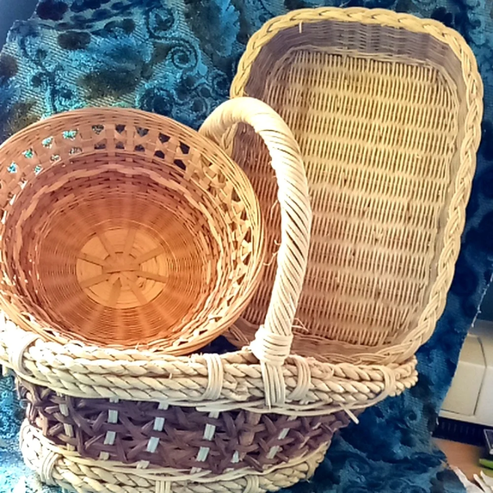 3 pretty assorted baskets with wicker, rope and rattan
